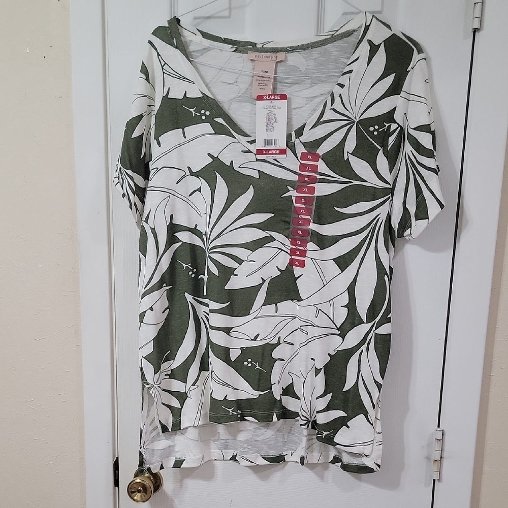 Philosophy Green and White Leaf Print Short Sleeve Tee Size xl